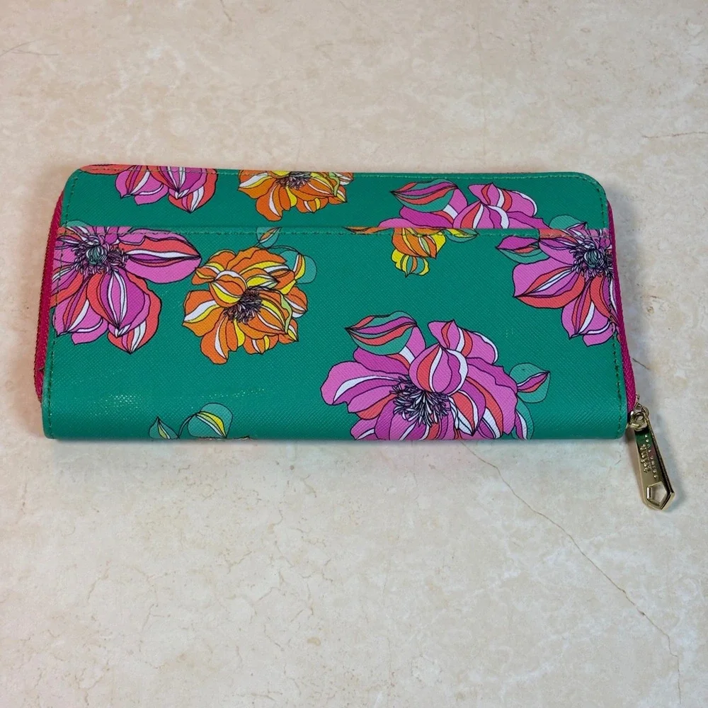 Trina Turk Teal‎ Green Floral Print Zip Around Continental Wallet PVC Colorful